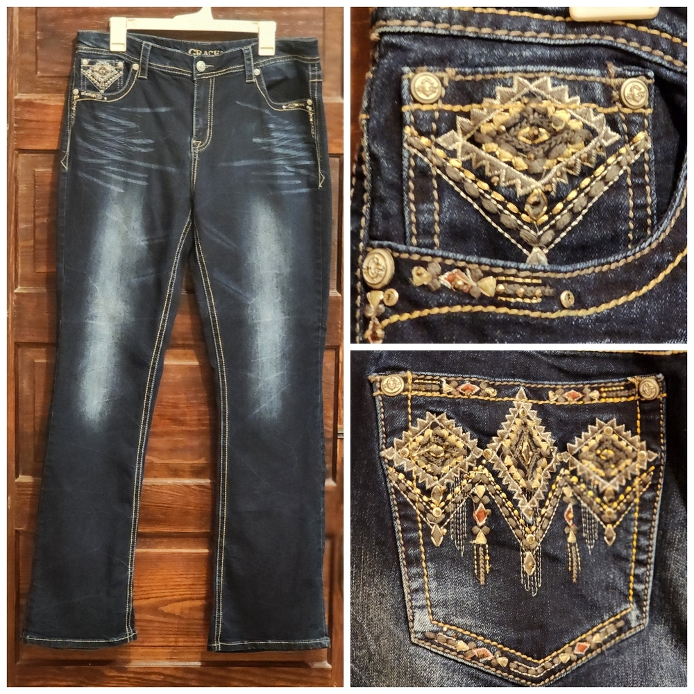 Grace in LA Dark Blue Jeans with Gold Embellishments